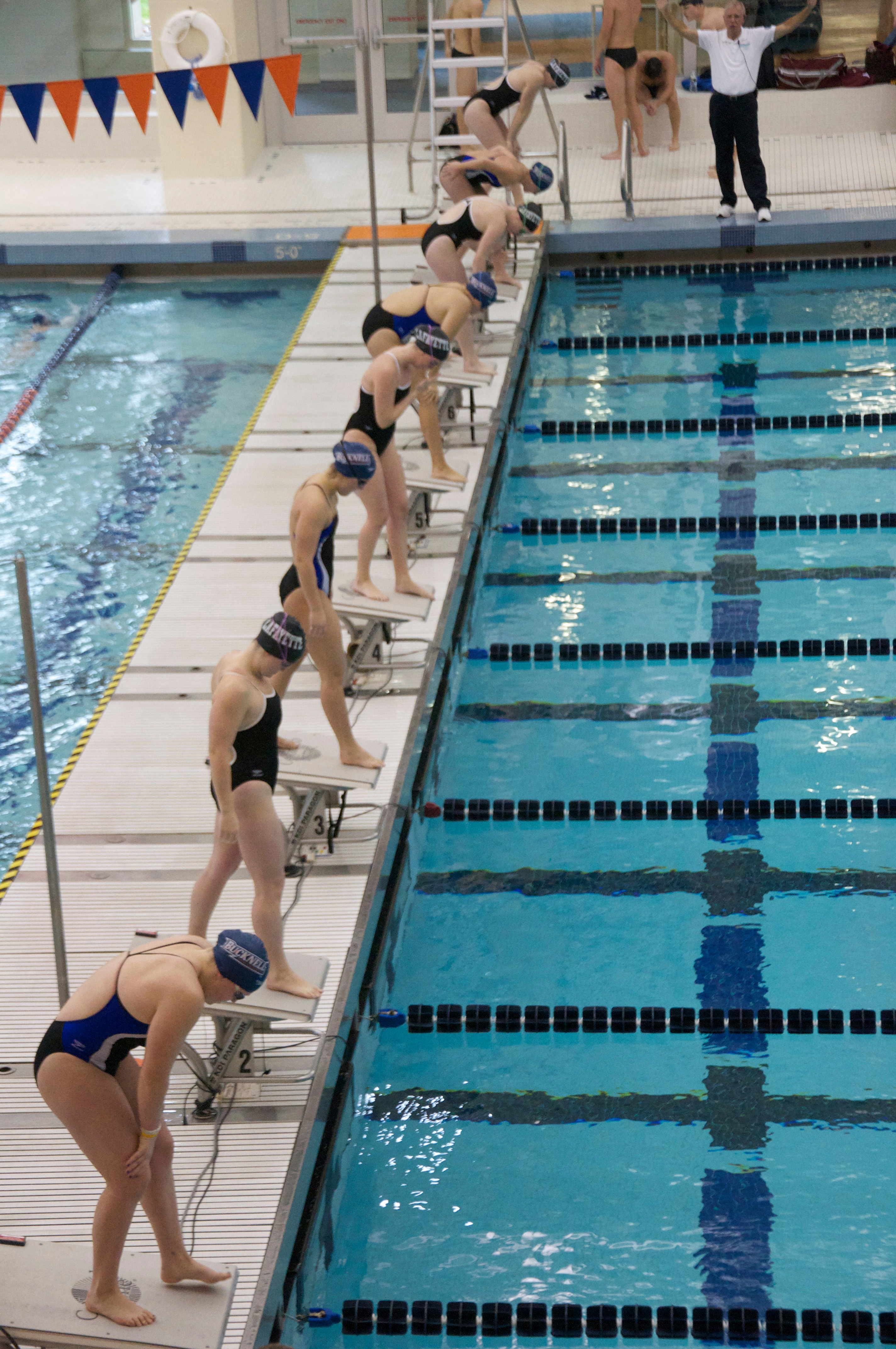 The Bucknellian ArchivesSwimmers line up in preparation for a race. The Bison had 10 individual victories against Lehigh. 