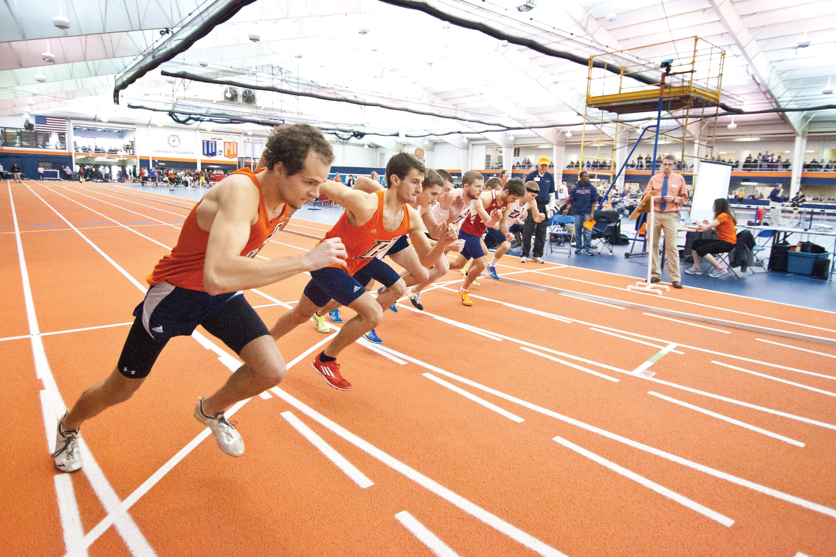 Edward Louie | The BucknellianEric Balaban '14 and Andrew Kuchta '16 dash off in the 5,000 meter. Both runners contributed to the Bison victory.