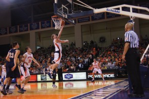 Edward Louie | The Bucknellian Ben Brackney '14 goes up for a layup in last week's game against Navy. This week, the Bison defeated two of their Patriot League rivals, Army and Colgate, to retain second place in the Patriot League standings. 