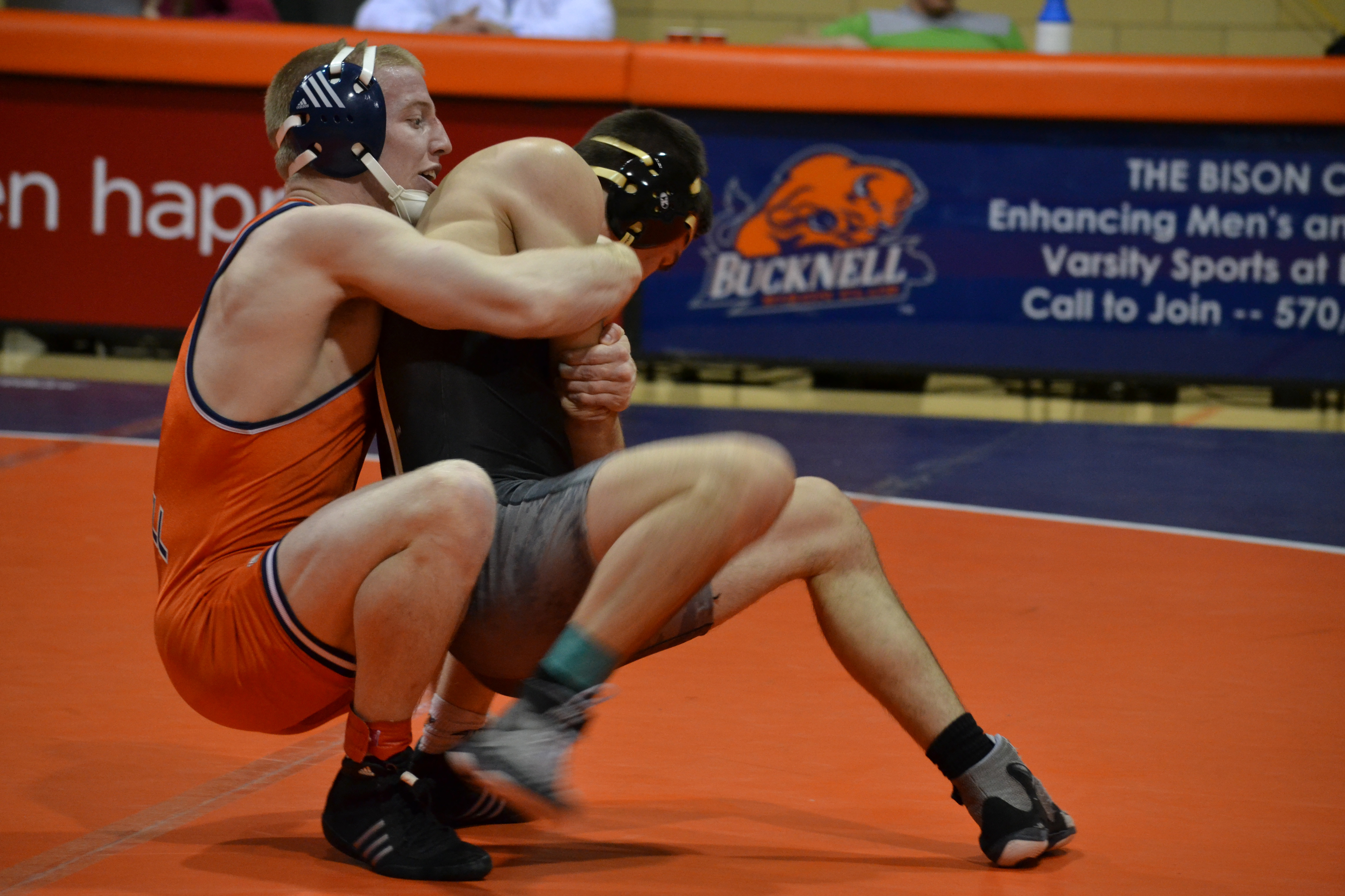 Estie Pyper | The Bucknellian Stephen McPeek '14 grapples with an opponent. The Wrestling team only won two matches against Lehigh.